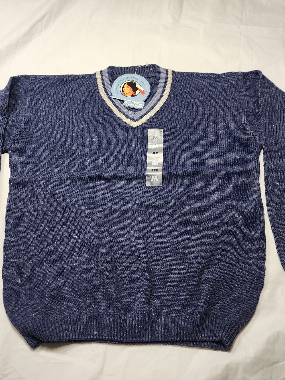 CHEROKEE Men's V-Neck Sweater Classic Striped Rib-Knit Collar Matching Trim Navy